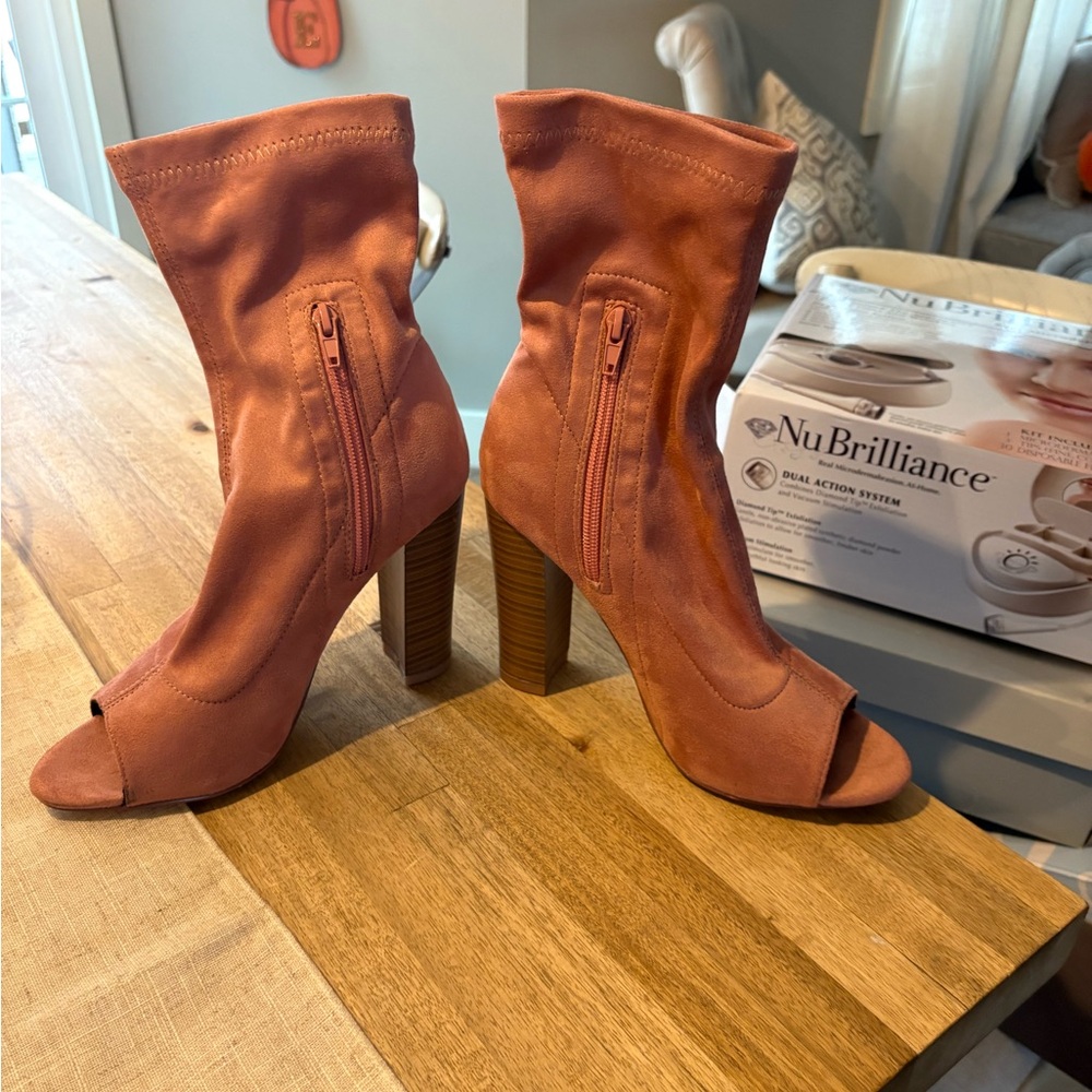 Liliana Peep Toe Heeled Boots - rust color